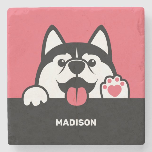 Cute Siberian Husky custom name & colour Stone Coaster (Front)