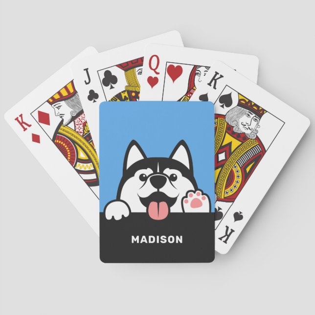 Cute Siberian Husky custom name Playing Cards (Back)