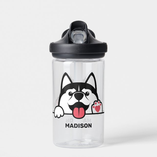 Cute Siberian Husky custom name Water Bottle (Front)