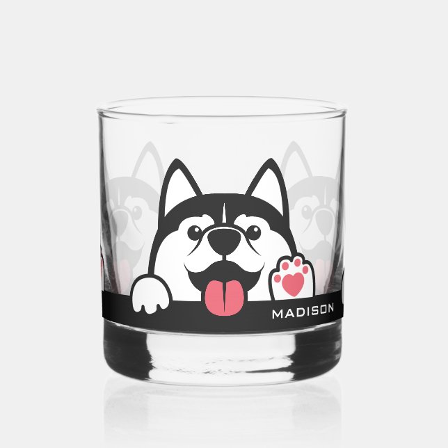 Cute Siberian Husky custom name Whiskey Glass (Left)