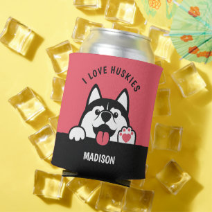 Cute Siberian Husky custom text & colour Can Cooler