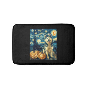 Cute Siberian Husky Dog Halloween Jack O Lantern P Bath Mat