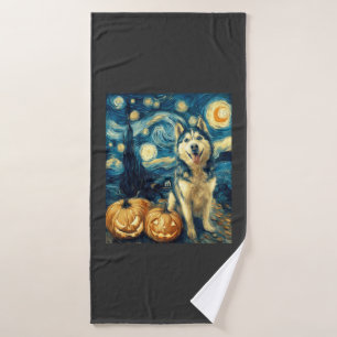 Cute Siberian Husky Dog Halloween Jack O Lantern P Bath Towel
