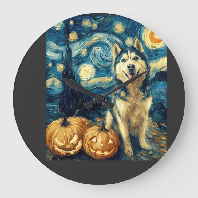 Cute Siberian Husky Dog Halloween Jack O Lantern P Large Clock (Front)