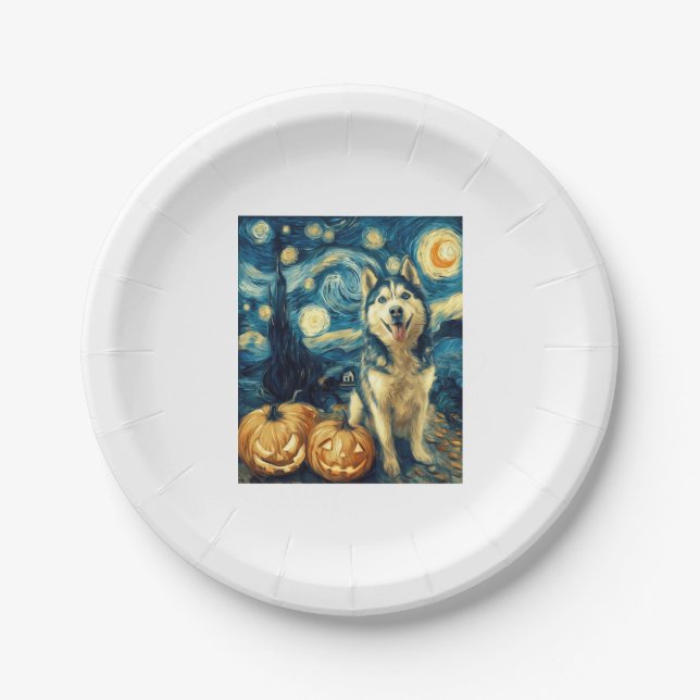 Cute Siberian Husky Dog Halloween Jack O Lantern P Paper Plate (Front)