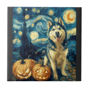 Cute Siberian Husky Dog Halloween Jack O Lantern P Tile