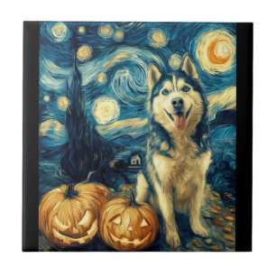 Cute Siberian Husky Dog Halloween Jack O Lantern P Tile