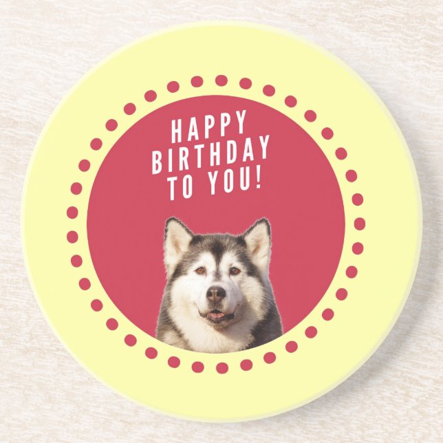 Cute Siberian Husky Dog Happy Birthday Coaster (Front)