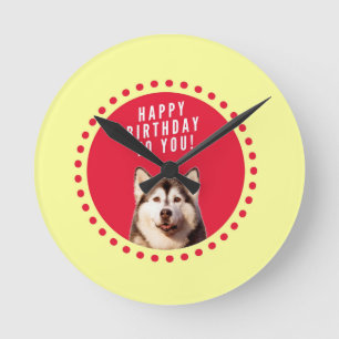 Cute Siberian Husky Dog Happy Birthday Round Clock
