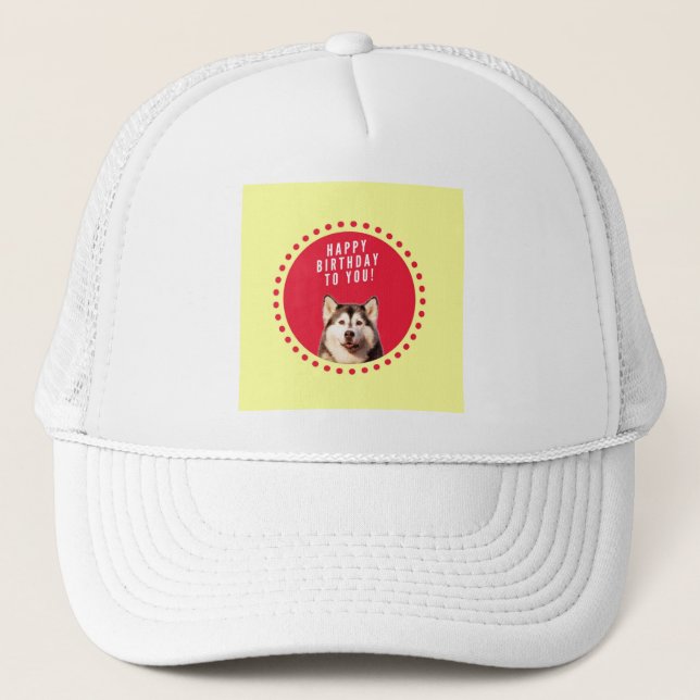 Cute Siberian Husky Dog Happy Birthday Trucker Hat (Front)