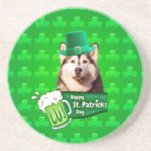 Cute Siberian Husky Dog Hat St. Patrick's Day Coaster
