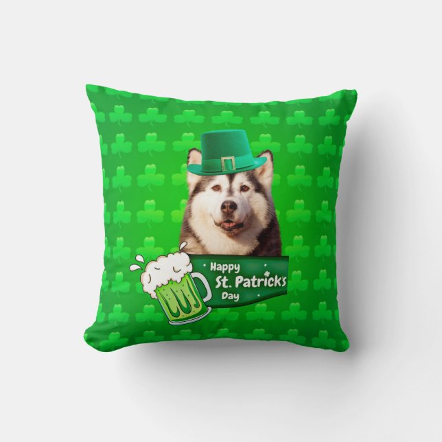 Cute Siberian Husky Dog Hat St. Patrick's Day Cushion (Front)