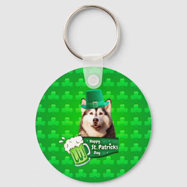 Cute Siberian Husky Dog Hat St. Patrick's Day Key Ring (Front)