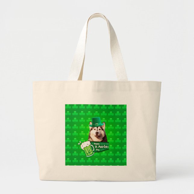 Cute Siberian Husky Dog Hat St. Patrick's Day Large Tote Bag (Front)