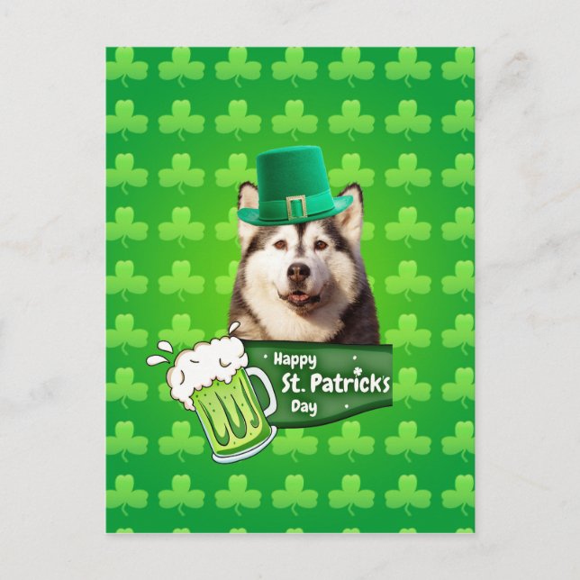 Cute Siberian Husky Dog Hat St. Patrick's Day Postcard (Front)
