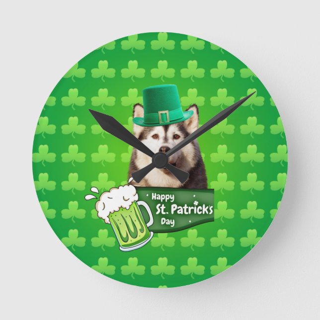Cute Siberian Husky Dog Hat St. Patrick's Day Round Clock (Front)