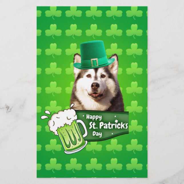 Cute Siberian Husky Dog Hat St. Patrick's Day Stationery (Front)
