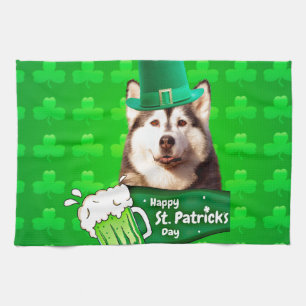 Cute Siberian Husky Dog Hat St. Patrick's Day Tea Towel