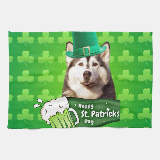 Cute Siberian Husky Dog Hat St. Patrick's Day Tea Towel (Horizontal)