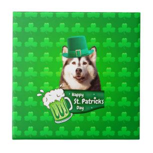 Cute Siberian Husky Dog Hat St. Patrick's Day Tile