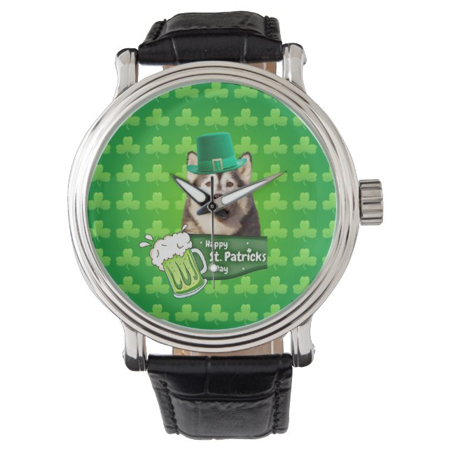 Cute Siberian Husky Dog Hat St. Patrick's Day Watch (Front)