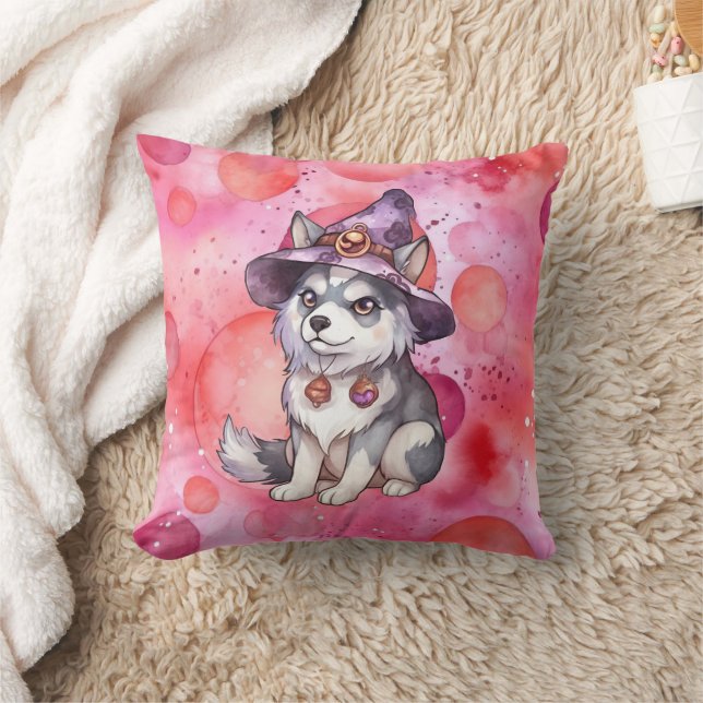 Cute Siberian Husky Dog in Witch Hat Cushion (Blanket)