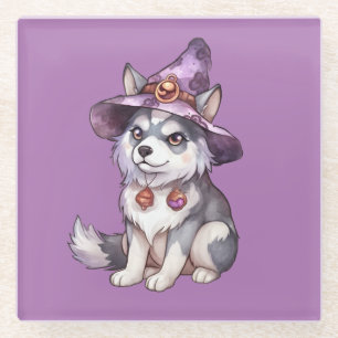Cute Siberian Husky Dog in Witch Hat Glass Coaster