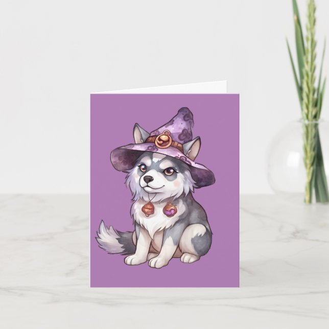 Cute Siberian Husky Dog in Witch Hat Thank You Card (Front)