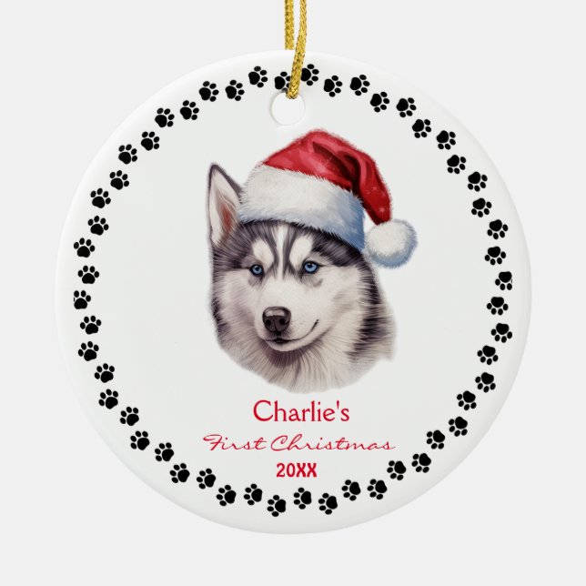 Cute Siberian Husky Dog Santa Hat Paw Custom Ceramic Tree Decoration (Front)
