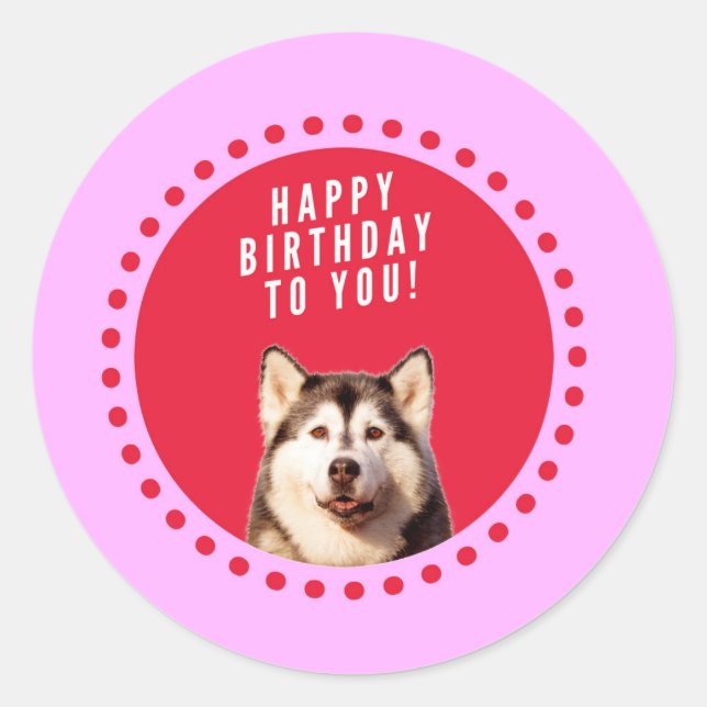 Cute Siberian Husky Dog Wishing Happy Birthday Classic Round Sticker (Front)