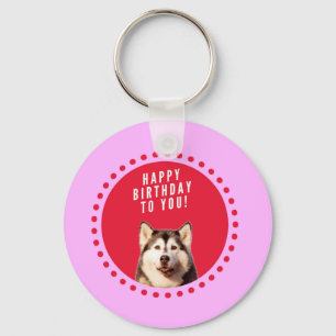Cute Siberian Husky Dog Wishing Happy Birthday Key Ring
