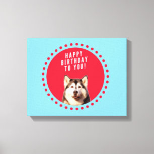 Cute Siberian Husky Happy Birthday blue red dots Canvas Print