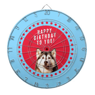 Cute Siberian Husky Happy Birthday blue red dots Dartboard