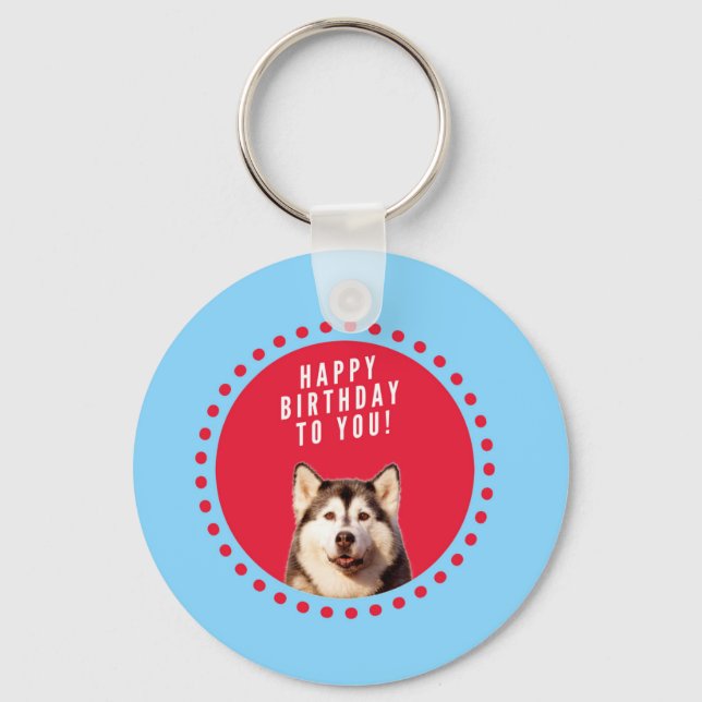 Cute Siberian Husky Happy Birthday blue red dots Key Ring (Front)