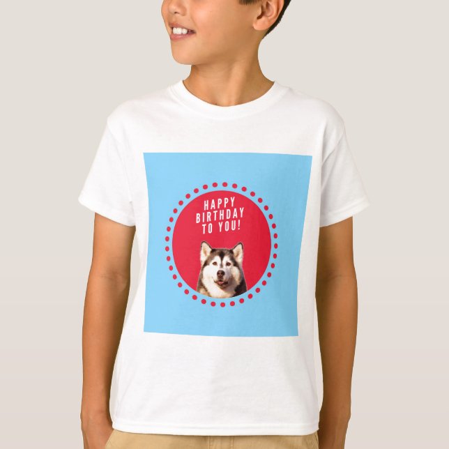 Cute Siberian Husky Happy Birthday blue red dots T-Shirt (Front)