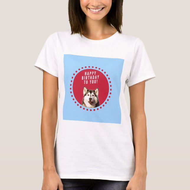 Cute Siberian Husky Happy Birthday blue red dots T-Shirt (Front)