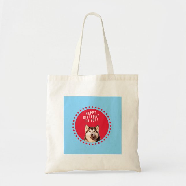 Cute Siberian Husky Happy Birthday blue red dots Tote Bag (Front)