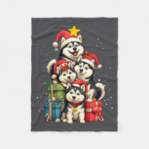 Cute Siberian Husky Le Dog Christmas Tree Xmas Hat Fleece Blanket