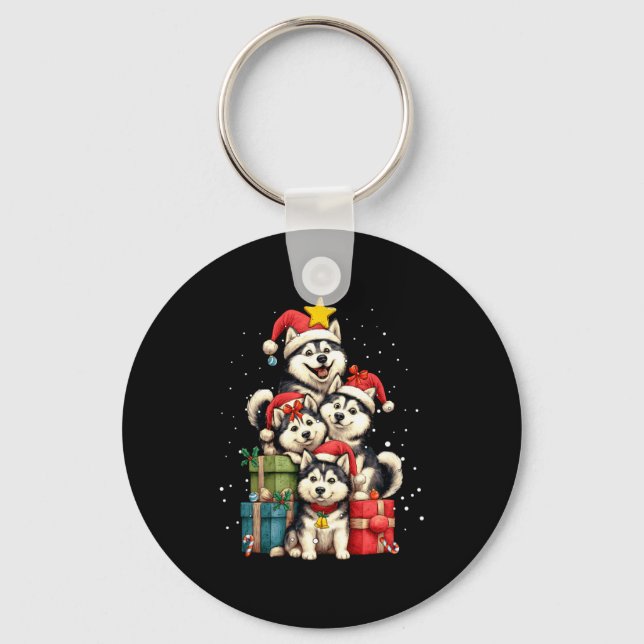 Cute Siberian Husky Le Dog Christmas Tree Xmas Hat Key Ring (Front)