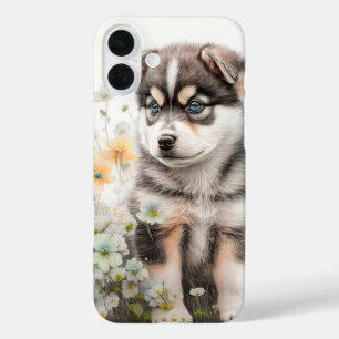 CUTE SIBERIAN HUSKY PUPPY DOG IN WILDFLOWERS iPhone 16 PLUS CASE