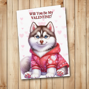 Cute Siberian Husky Puppy in Sweater Valentine Holiday Card