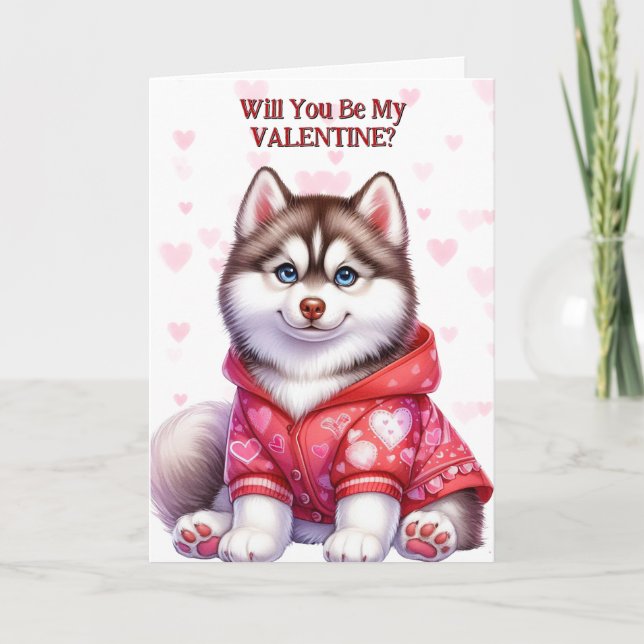 Cute Siberian Husky Puppy in Sweater Valentine Holiday Card (Front)