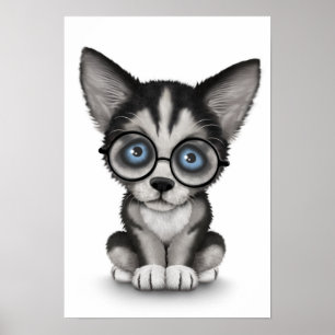 Cute Siberian Husky Puppy Wearing Glasses White Poster