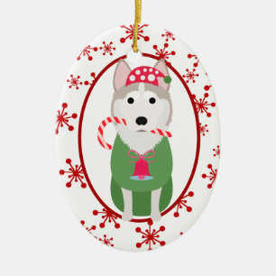 Cute Siberian Husky Red Snowflake Template Ceramic Tree Decoration