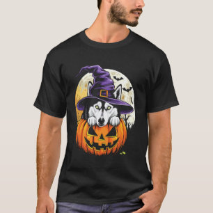 Cute Siberian Husky Witch Pumpkin Halloween Funny T-Shirt