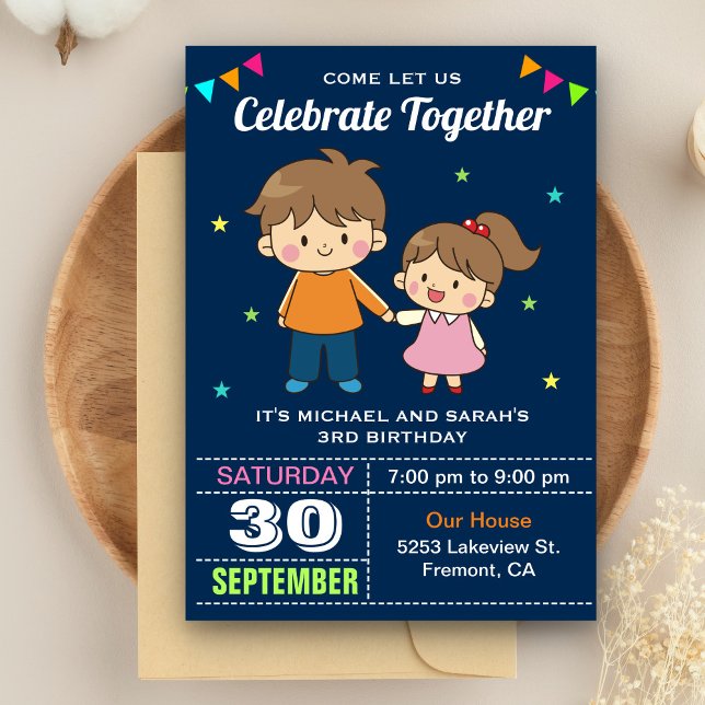 Cute Siblings Twin Birthday Party Invitation (Creator Uploaded)