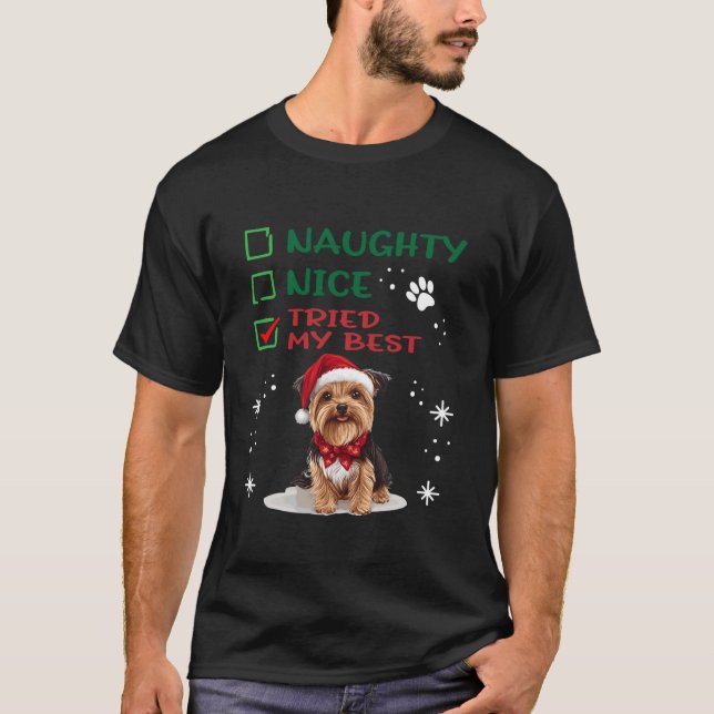 Cute Silky Terrier Dog Christmas Naughty Nice Trie T-Shirt (Front)