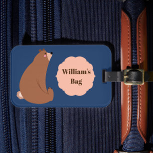 Cute Silly Bear Navy Blue Boys Travel Luggage Tag