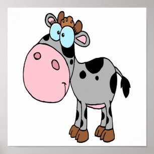 cute silly cartoon baby cow calf grey poster