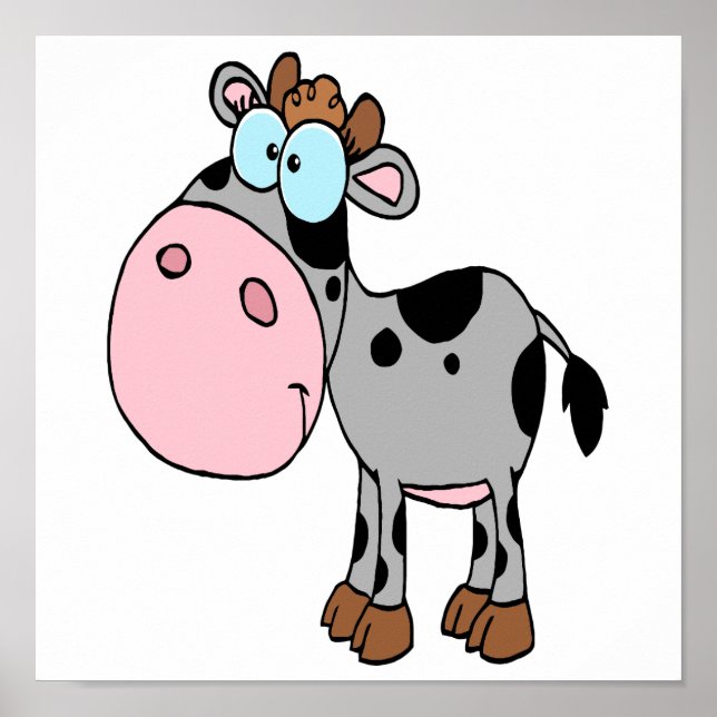 cute silly cartoon baby cow calf grey poster (Front)